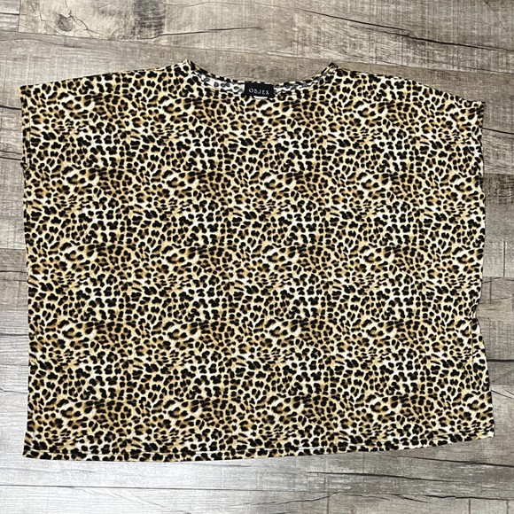 OBJEX Dark Brown Leopard Print Blouse Size M Short Sleeve Animal Print T-Shirt - Picture 3 of 10